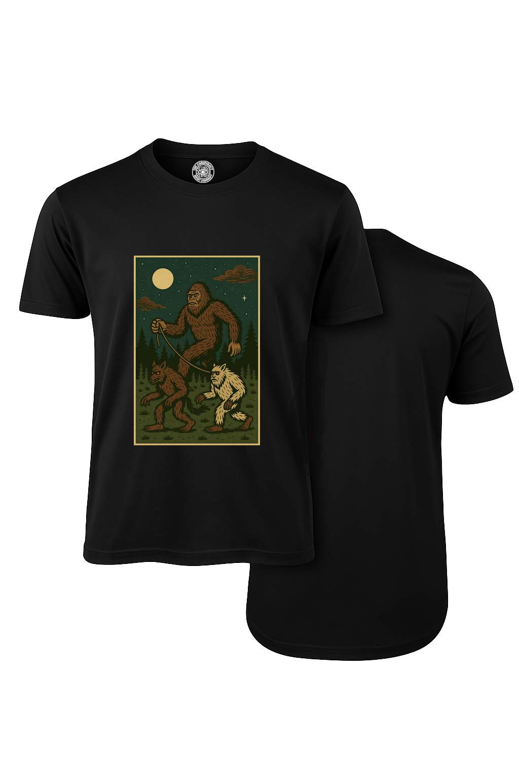 Bigfoot Walking Two Young Rougarou in the Woods T-Shirt (Black)